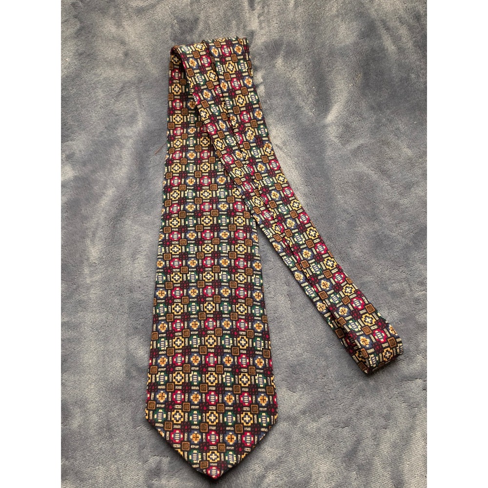 Tiffany & Co. Vintage 1986 Silk Tie Geometric Mosaic Pattern Navy Red Gold